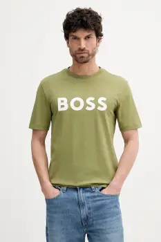 BOSS tricou din bumbac culoarea bej, cu imprimeu imagine