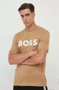 BOSS tricou din bumbac culoarea bej, cu imprimeu imagine