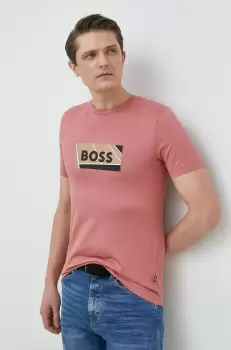 BOSS tricou din bumbac culoarea roz, cu imprimeu imagine