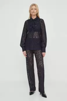 Bruuns Bazaar pantaloni femei, culoarea albastru marin, drept, high waist imagine