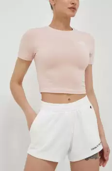 Champion pantaloni scurti femei, culoarea bej, cu imprimeu, high waist imagine