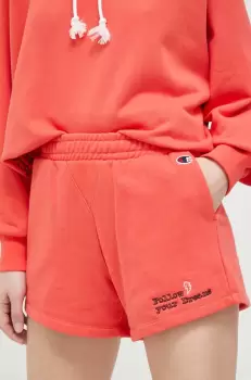Champion pantaloni scurti femei, culoarea rosu, cu imprimeu, high waist imagine