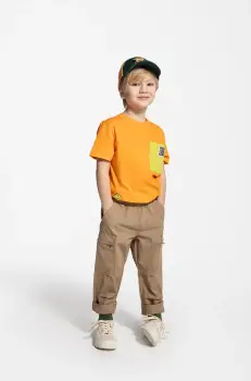 Coccodrillo pantaloni de bumbac pentru copii culoarea maro, neted, MONOCHROME BOY KIDS imagine