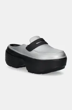 Crocs papuci Stomp Metallic Loafer Clog femei, culoarea argintiu, cu platforma, 210363 imagine