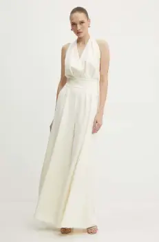 Custommade pantaloni Pianora femei, culoarea bej, fason tigareta, high waist imagine