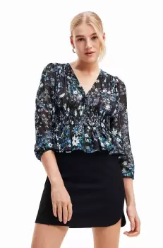 Desigual bluza 23WWBW06 WOMAN WOVEN BLOUSE LONG SLEEVE femei, culoarea albastru marin, in modele florale imagine