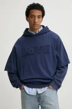 Desigual hanorac de bumbac NUEVOMEXICO barbati, culoarea albastru marin, cu gluga, neted, 24WMSK19 imagine