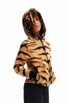 Desigual hanorac de bumbac pentru copii culoarea bej, cu gluga, modelator imagine