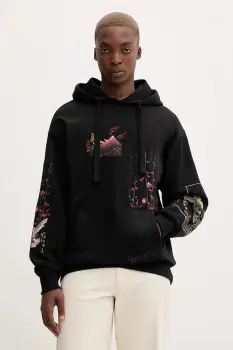 Desigual hanorac de bumbac POSTCARDS culoarea negru, cu gluga, cu imprimeu, 25WMSK13 imagine