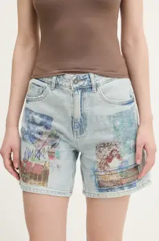 Desigual pantaloni scurti jeans INIDAN femei, cu imprimeu, high waist, 25SWDD24 imagine