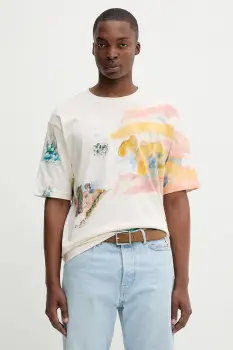 Desigual tricou din bumbac HELSINKI culoarea bej, cu imprimeu, 25WMTK15 imagine