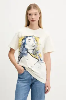 Desigual tricou din bumbac PORTRAIT culoarea bej, 25WWTK05 imagine