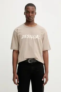 Desigual tricou din bumbac VICENTE culoarea maro, cu imprimeu, 25WMTK20 imagine