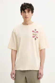Desigual tricou din bumbac WISCONSIN barbati, culoarea bej, cu imprimeu, 25SMTK10 imagine