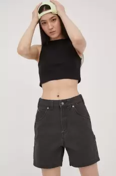 Dickies pantaloni scurti jeans femei, culoarea negru, neted, high waist imagine