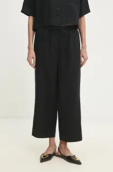 Dkny pantaloni din in femei, culoarea negru, lat, high waist imagine