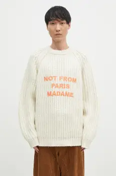 Drole de Monsieur pulover de lana La Maille TressEe Slogan barbati, culoarea bej, calduros, E-PO163-WO028-EC imagine