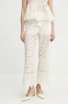 Ermanno Scervino pantaloni de bumbac femei, culoarea alb, evazati, high waist, 56TP007EN3 imagine