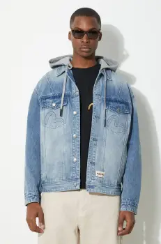 Evisu geaca din denim Seagull & Evisu Embossed barbati, de tranzitie, oversized, 2ESHTM4DJ8080 imagine