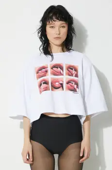 Fiorucci tricou din bumbac Mouth Print Cropped Padded T-Shirt femei, culoarea alb, U01FPTSH106CJ01WH01 imagine