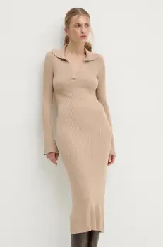 FROM FUTURE rochie din lana culoarea bej, midi, mulata, WRO01437 imagine