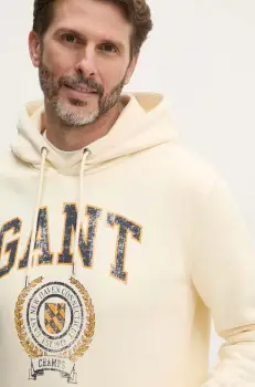 Gant bluza barbati, culoarea bej, cu gluga, cu imprimeu, 2015068 imagine