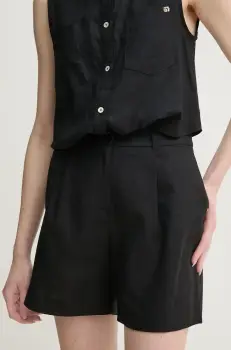 Gaudi pantaloni scurti din in femei, culoarea negru, neted, high waist, 511BD25038 imagine