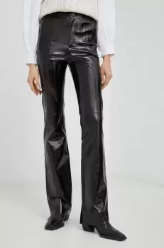 Gestuz pantaloni de piele Gocha femei, culoarea negru, evazati, high waist imagine