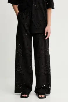 Gestuz pantaloni din bumbac culoarea negru, lat, high waist, 10910510 imagine