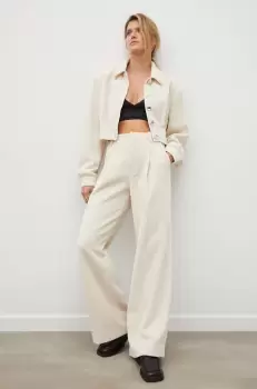 Gestuz pantaloni femei, culoarea bej, drept, high waist imagine