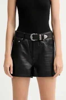 Gestuz pantaloni scurti de piele culoarea negru, uni, high waist, 10910554 imagine