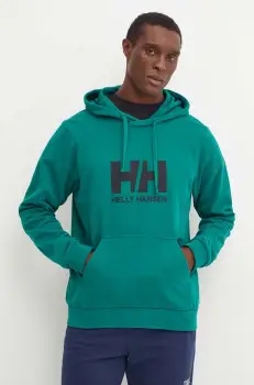Helly Hansen hanorac de bumbac HH LOGO barbati, culoarea verde, cu gluga, cu imprimeu, 30394 imagine