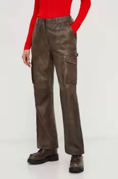 Herskind pantaloni de piele femei, culoarea maro, drept, high waist imagine