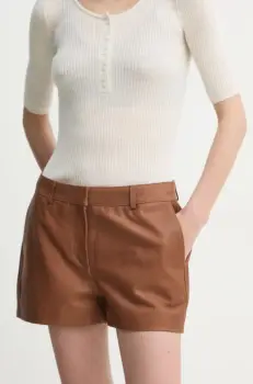Herskind pantaloni scurti de piele Holly femei, culoarea maro, uni, medium waist, 5469175 imagine