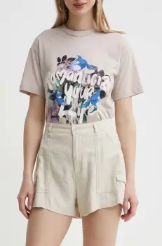 Hollister Co. pantaloni scurti din in culoarea bej, neted, high waist imagine