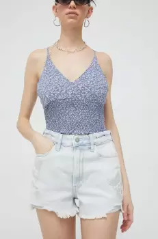 Hollister Co. pantaloni scurti jeans femei, cu imprimeu, high waist imagine