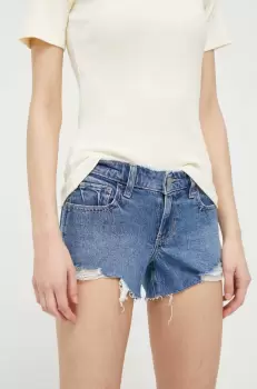 Hollister Co. pantaloni scurti jeans femei, culoarea albastru marin, neted, high waist imagine