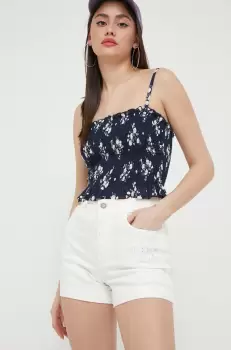 Hollister Co. pantaloni scurti jeans femei, culoarea bej, neted, high waist imagine