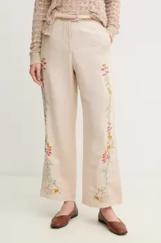 Hoss Intropia pantaloni din in femei, culoarea bej, drept, high waist, 6549027 imagine