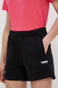 Hummel pantaloni scurti din bumbac culoarea negru, neted, medium waist imagine