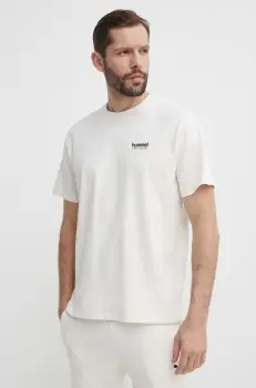Hummel tricou din bumbac barbati, culoarea bej, cu imprimeu imagine