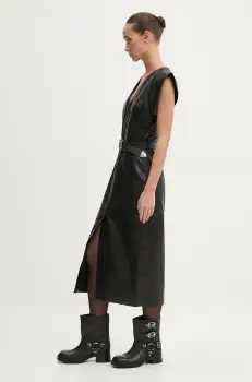 IRO rochie de piele culoarea negru, midi, drept, WM33PENELOPPE imagine