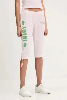 Juicy Couture pantaloni scurti de catifea Angel culoarea roz, cu imprimeu, high waist, JCNBJ126456 imagine