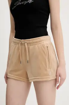 Juicy Couture pantaloni scurti de catifea TAMIA femei, culoarea bej, cu imprimeu, medium waist, JCWH121001 imagine