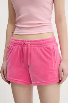 Juicy Couture pantaloni scurti de catifea TAMIA femei, culoarea roz, cu imprimeu, medium waist, JCWH121001 imagine