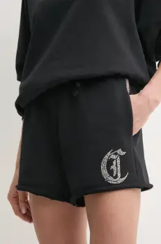Just Cavalli pantaloni scurti din bumbac femei, culoarea negru, cu imprimeu, high waist, 78PADE08 CF100 imagine