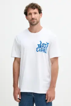 Just Cavalli tricou din bumbac culoarea alb, cu imprimeu, 79OAHE13 CJ110 imagine