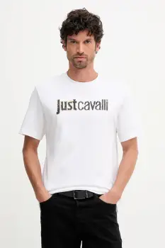 Just Cavalli tricou din bumbac culoarea alb, cu imprimeu, 79OAHT16 CJ500 imagine