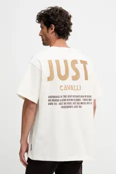 Just Cavalli tricou din bumbac culoarea bej, cu imprimeu, 79OAHT17 CJ518 imagine