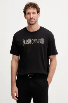 Just Cavalli tricou din bumbac culoarea negru, cu imprimeu, 79OAHT16 CJ500 imagine
